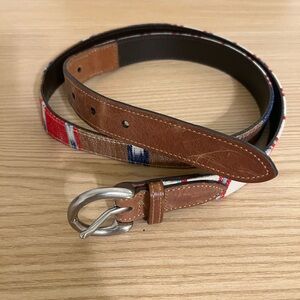 Women's Brown Leather, Red and Blue Stripe Casual Belt